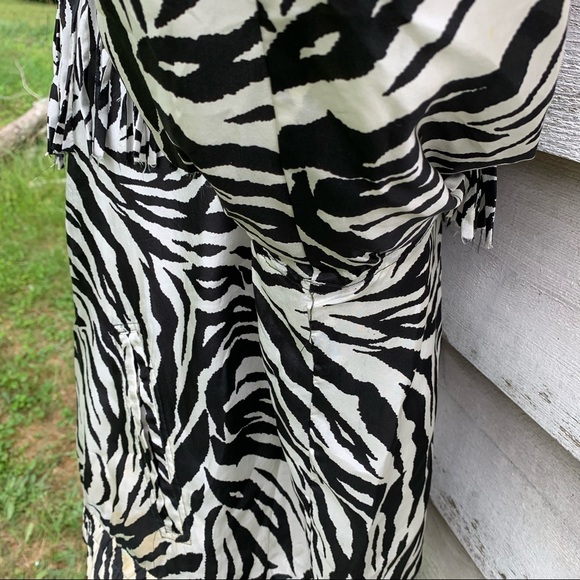 Vintage 80s Silk Zebra Print Fringe Trim Long Sleeve Zip Front Collared Jacket - Picture 14 of 16